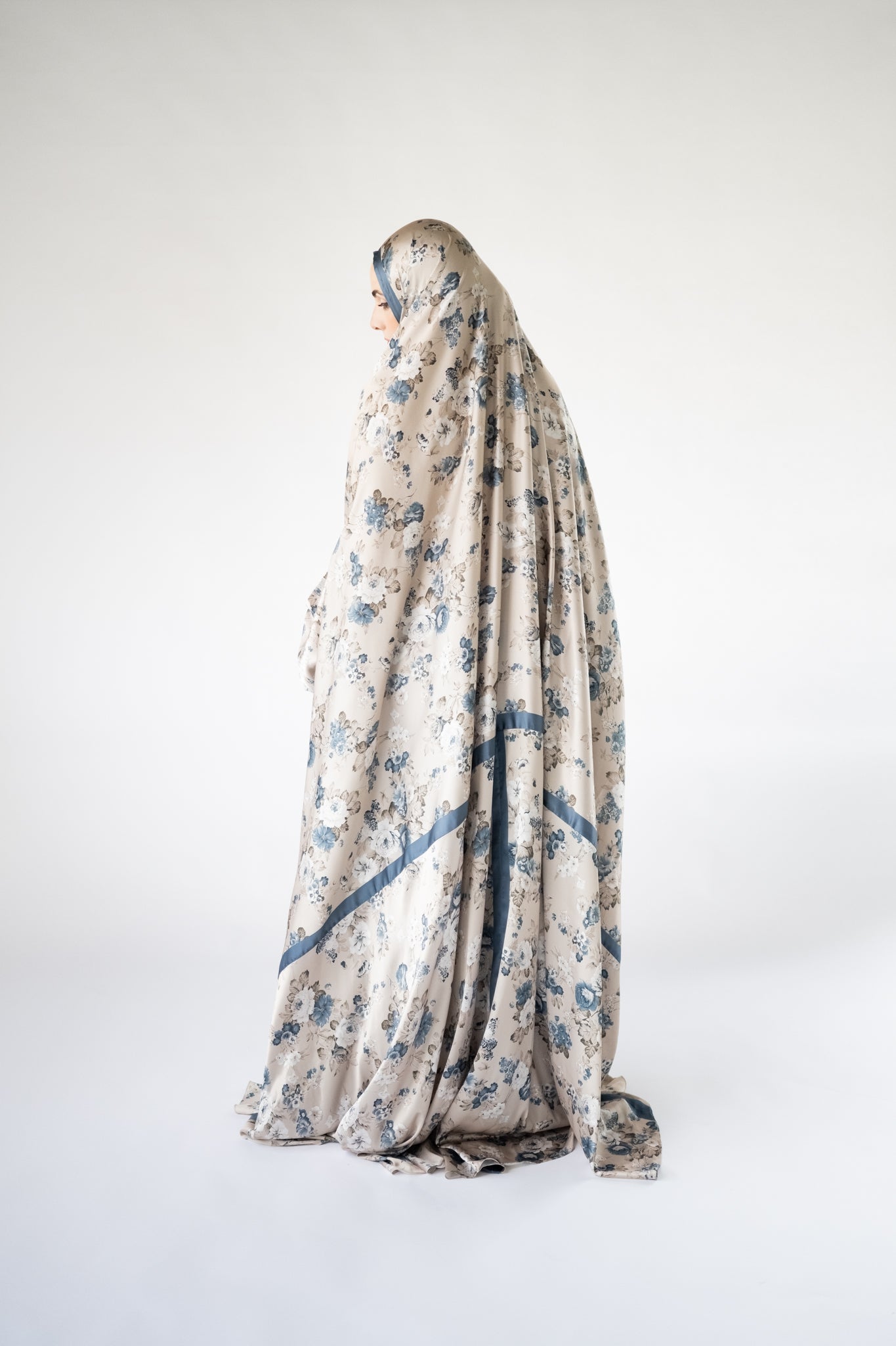 Blue-grey floral one-piece prayer dress (Essence print) | Serenity Scarves