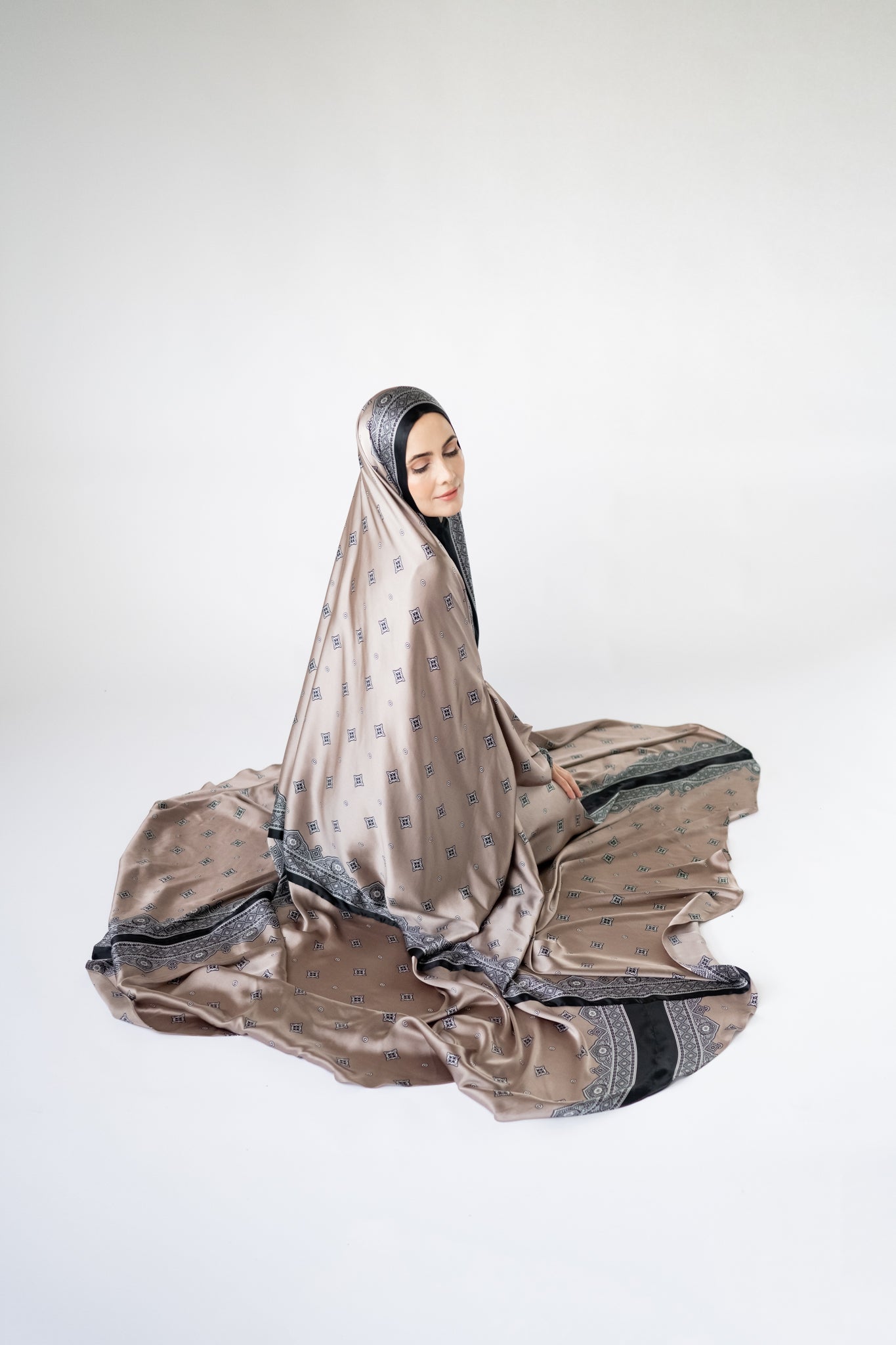 Taupe one-piece prayer dress (Meditation print) | Serenity Scarves