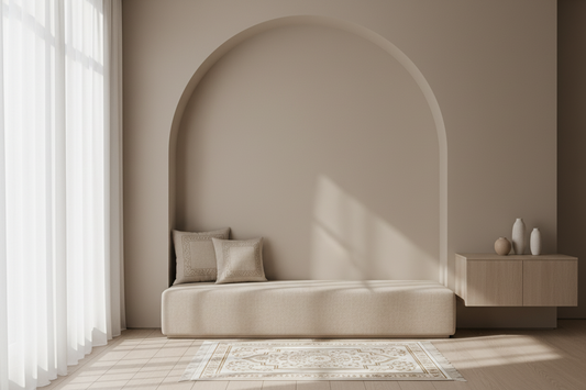 A serene, neutral prayer space with an arched niche and soft daylight | Serenity Scarves