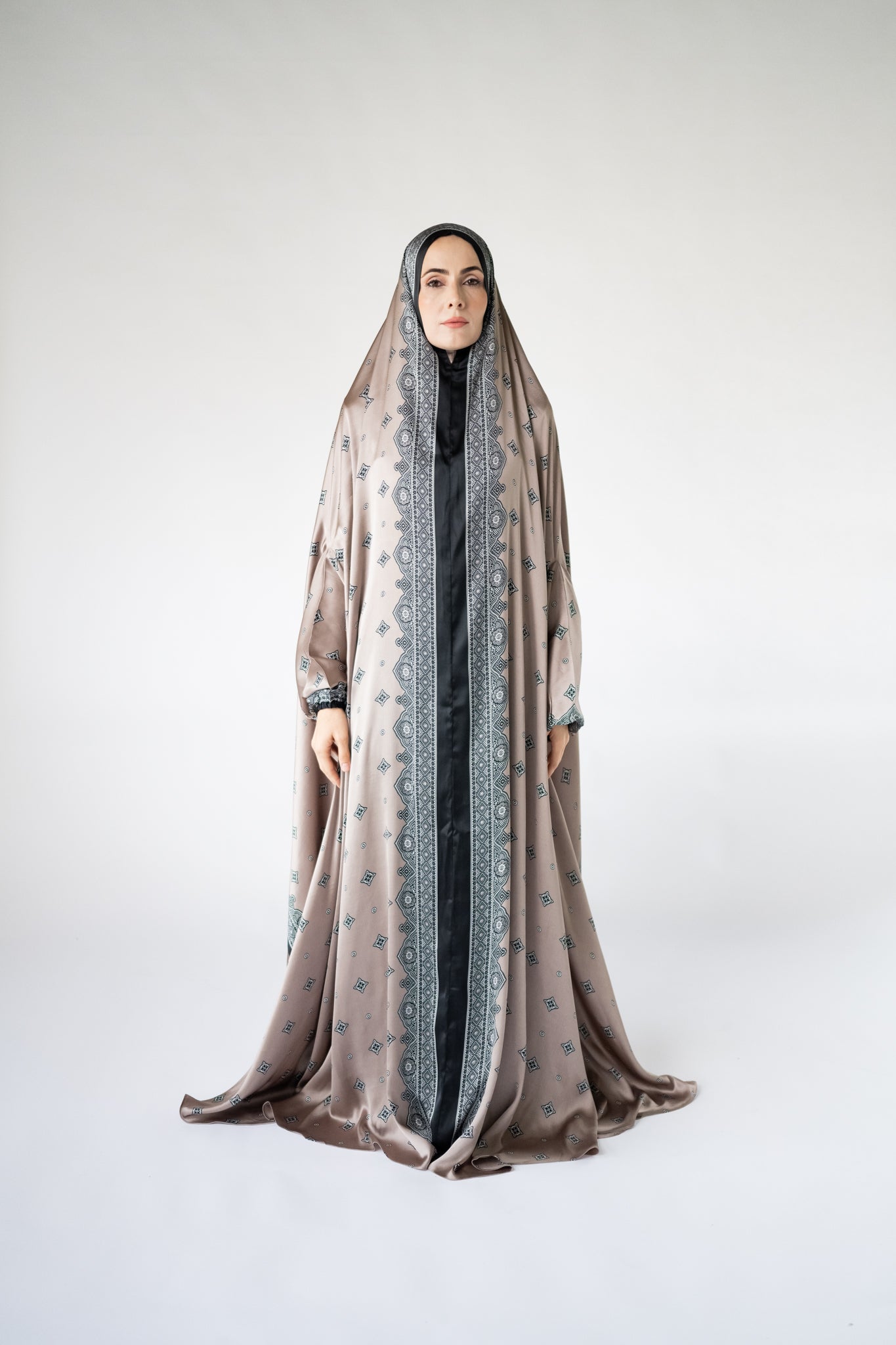 Taupe one-piece prayer dress (Meditation print) | Serenity Scarves
