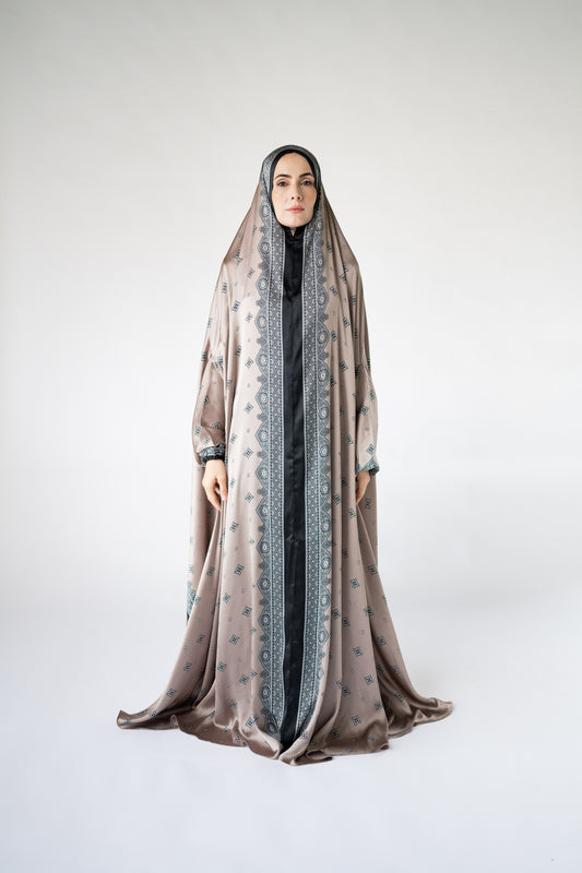 Taupe one-piece prayer dress (Meditation print) | Serenity Scarves