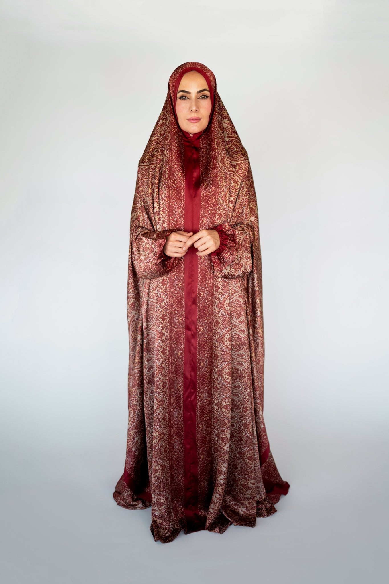 Burgundy one-piece prayer dress (Submission print) | Serenity Scarves