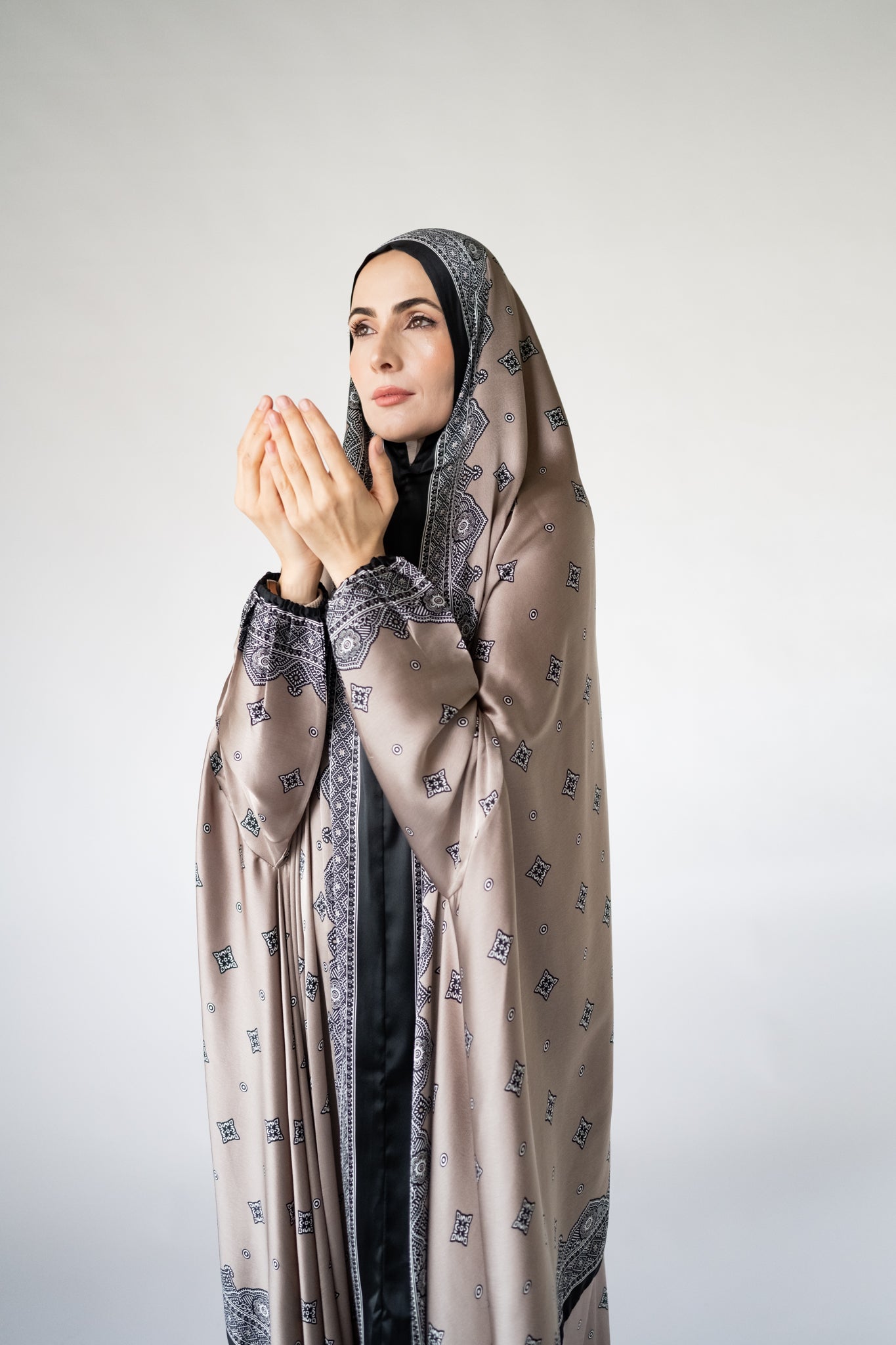 Taupe one-piece prayer dress (Meditation print) | Serenity Scarves