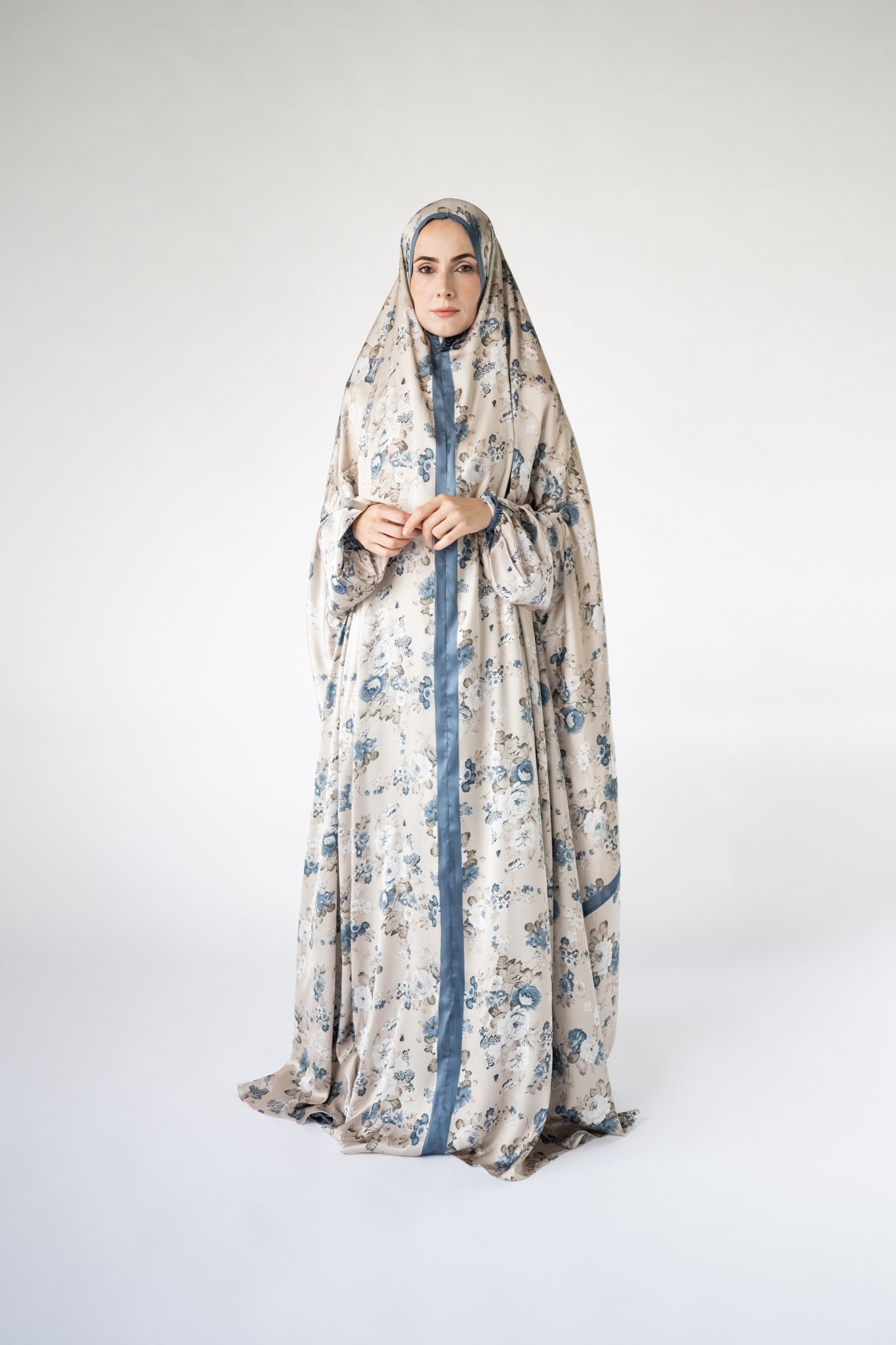 Blue-grey floral one-piece prayer dress (Essence print) | Serenity Scarves