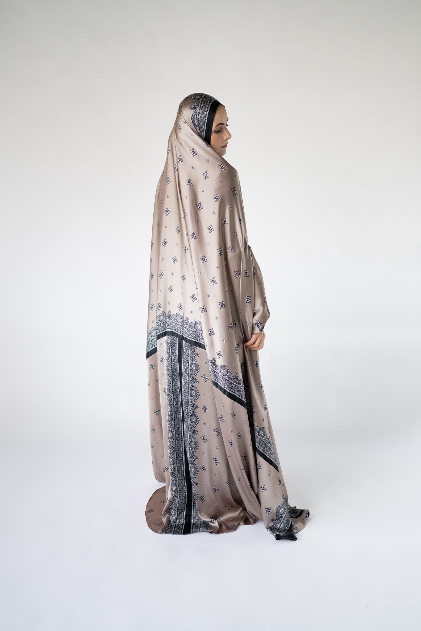 Taupe one-piece prayer dress (Meditation print) | Serenity Scarves