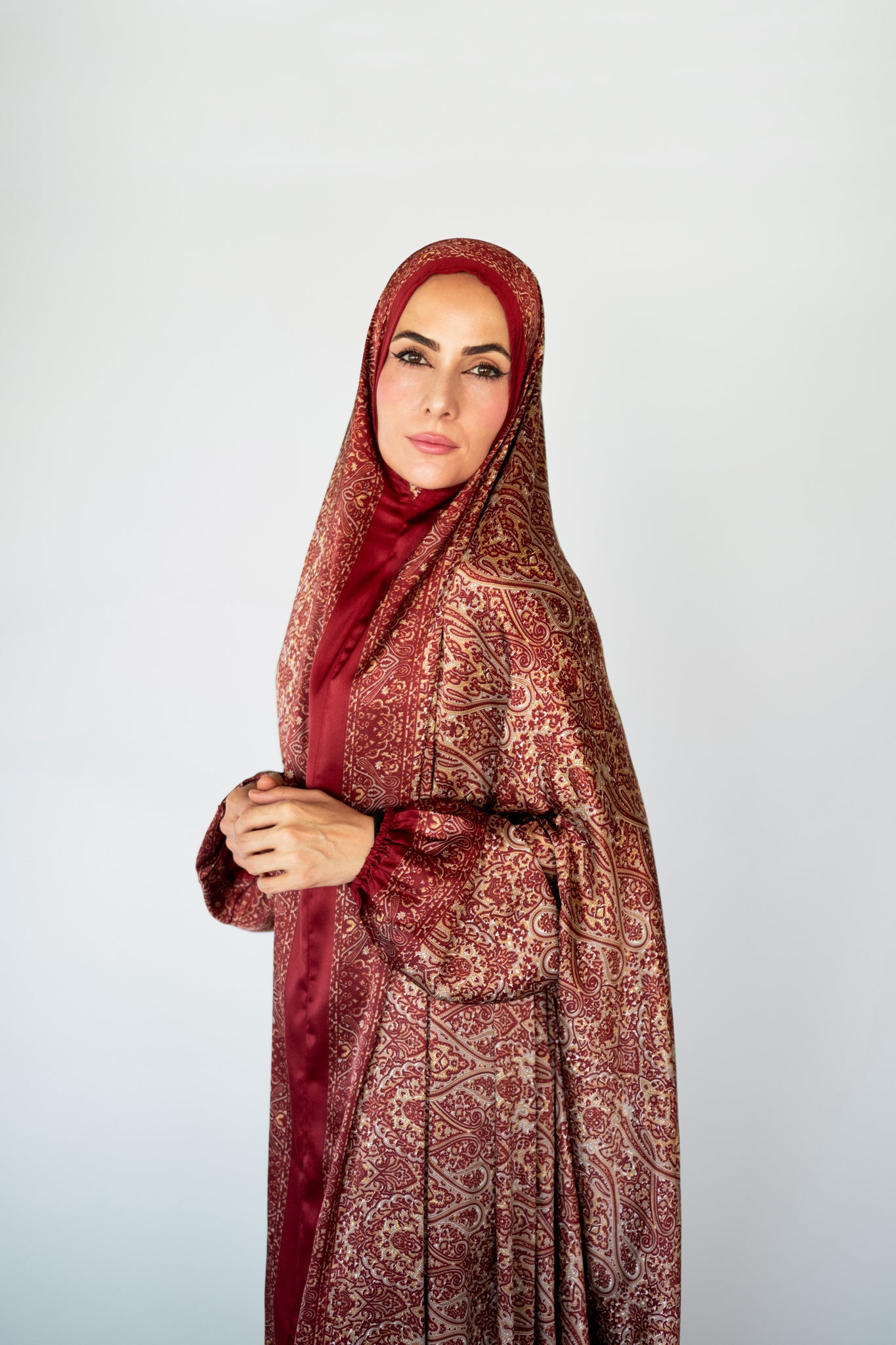 Burgundy one-piece prayer dress (Submission print) | Serenity Scarves