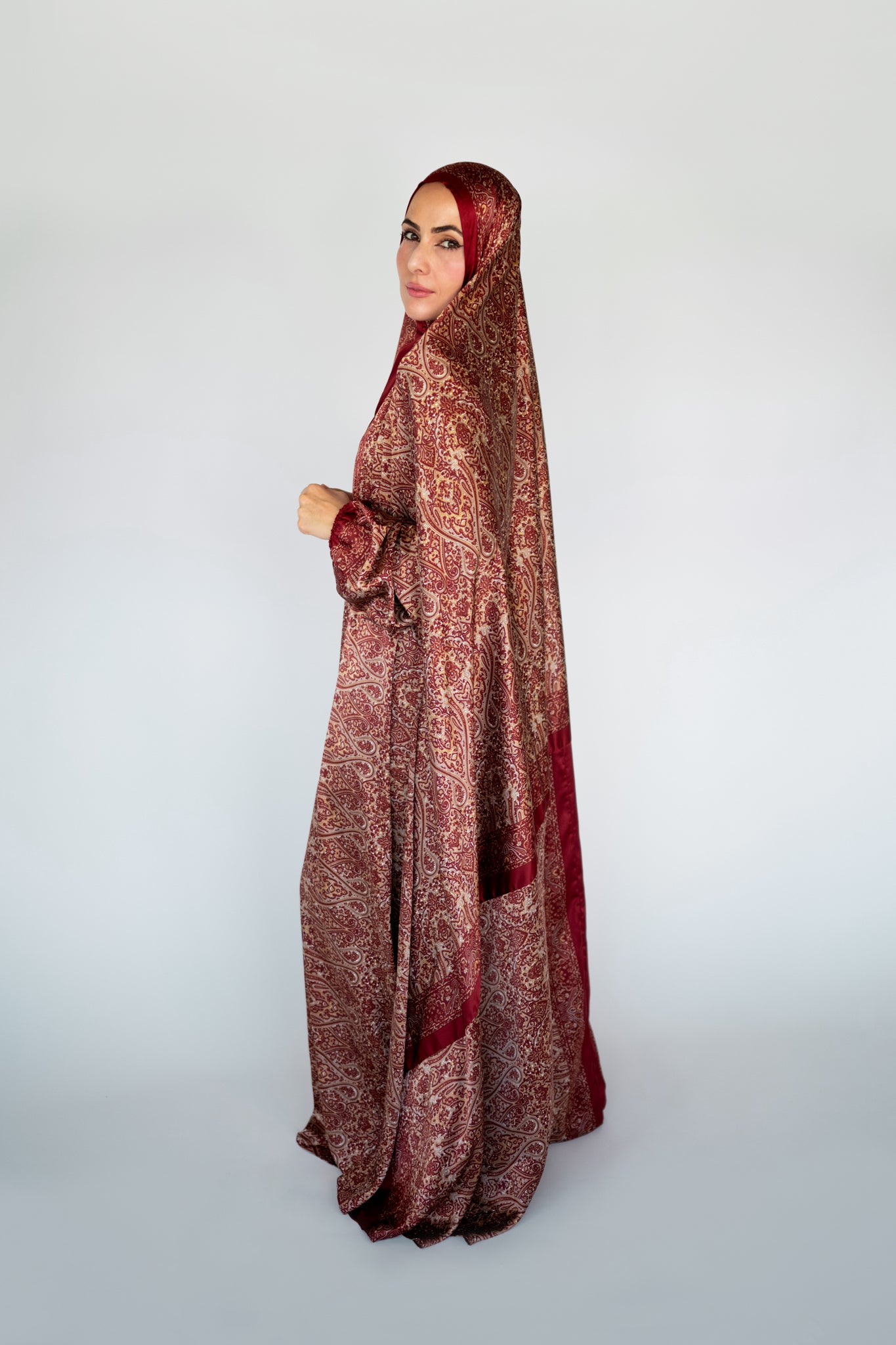 Burgundy one-piece prayer dress (Submission print) | Serenity Scarves