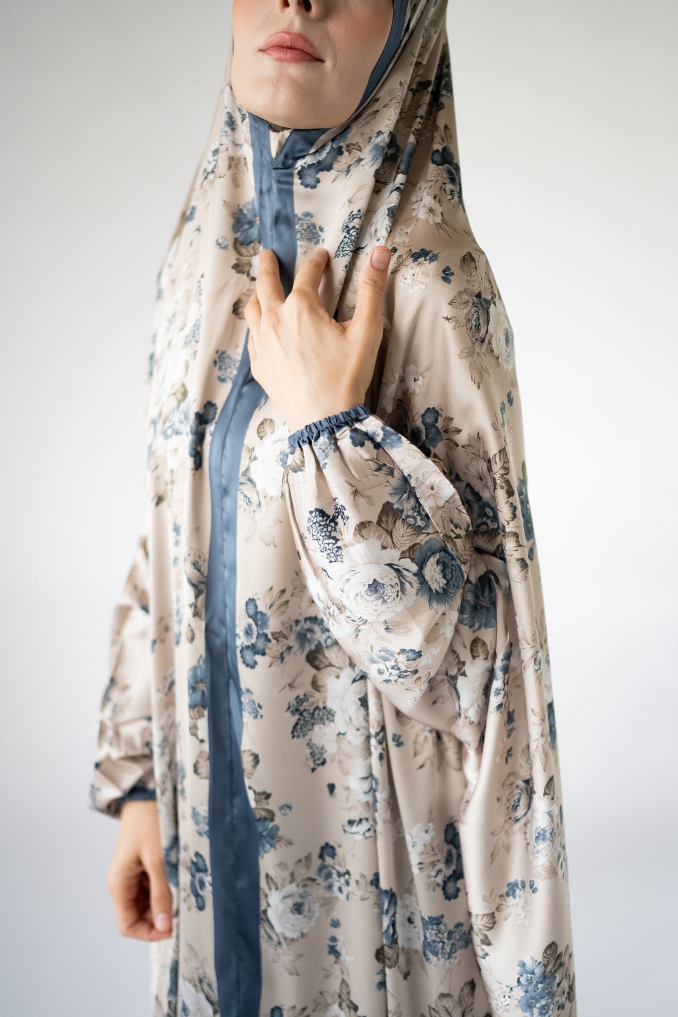Blue-grey floral one-piece prayer dress (Essence print) | Serenity Scarves