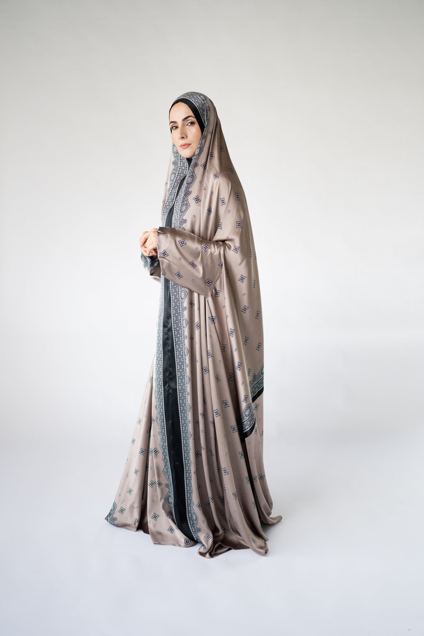 Taupe one-piece prayer dress (Meditation print) | Serenity Scarves