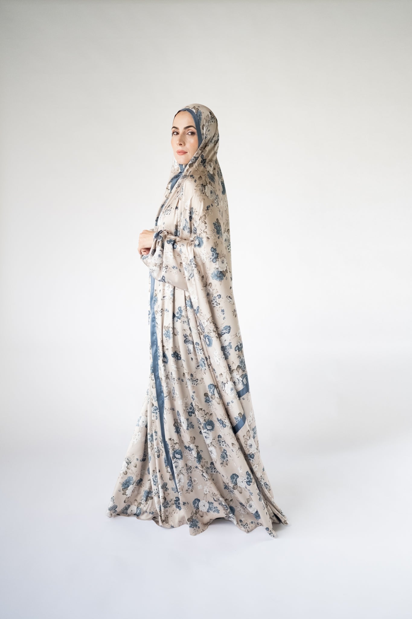 Blue-grey floral one-piece prayer dress (Essence print) | Serenity Scarves