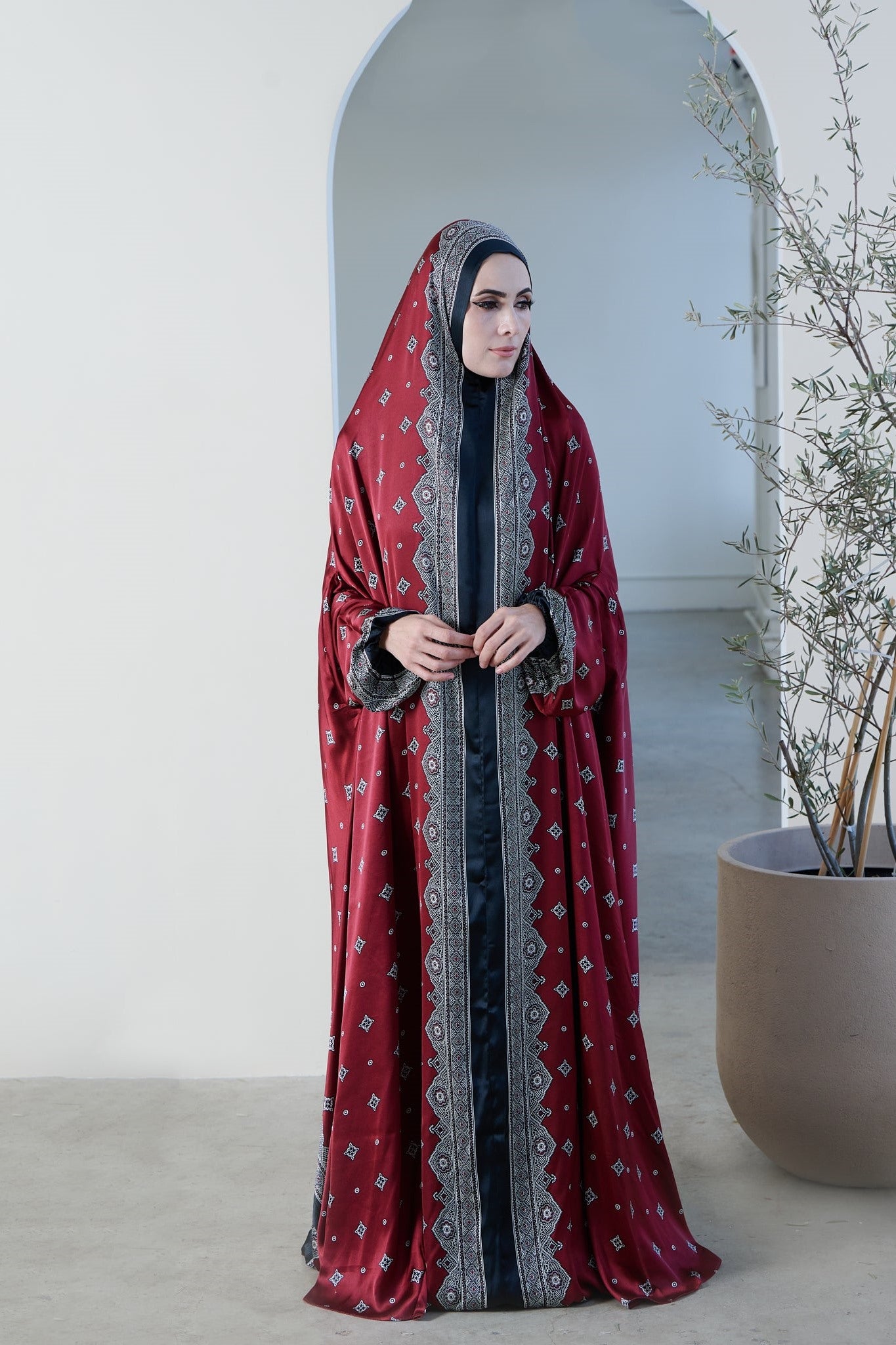Burgundy one-piece prayer dress (Meditation print) | Serenity Scarves