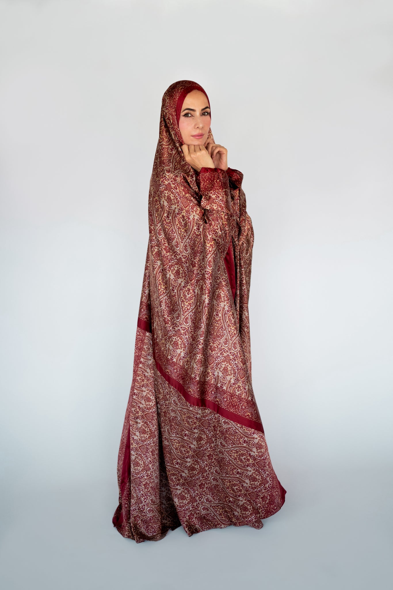 Burgundy one-piece prayer dress (Submission print) | Serenity Scarves