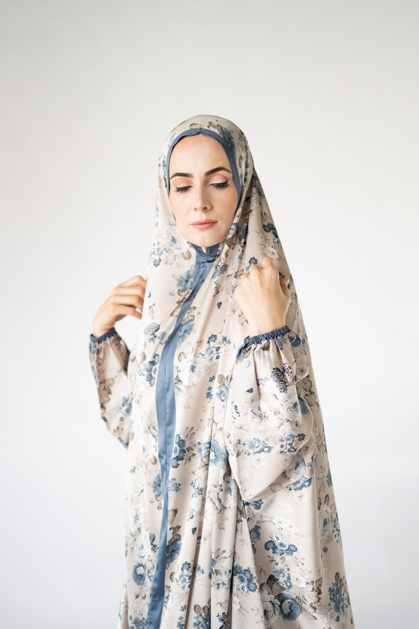Blue-grey floral one-piece prayer dress (Essence print) | Serenity Scarves