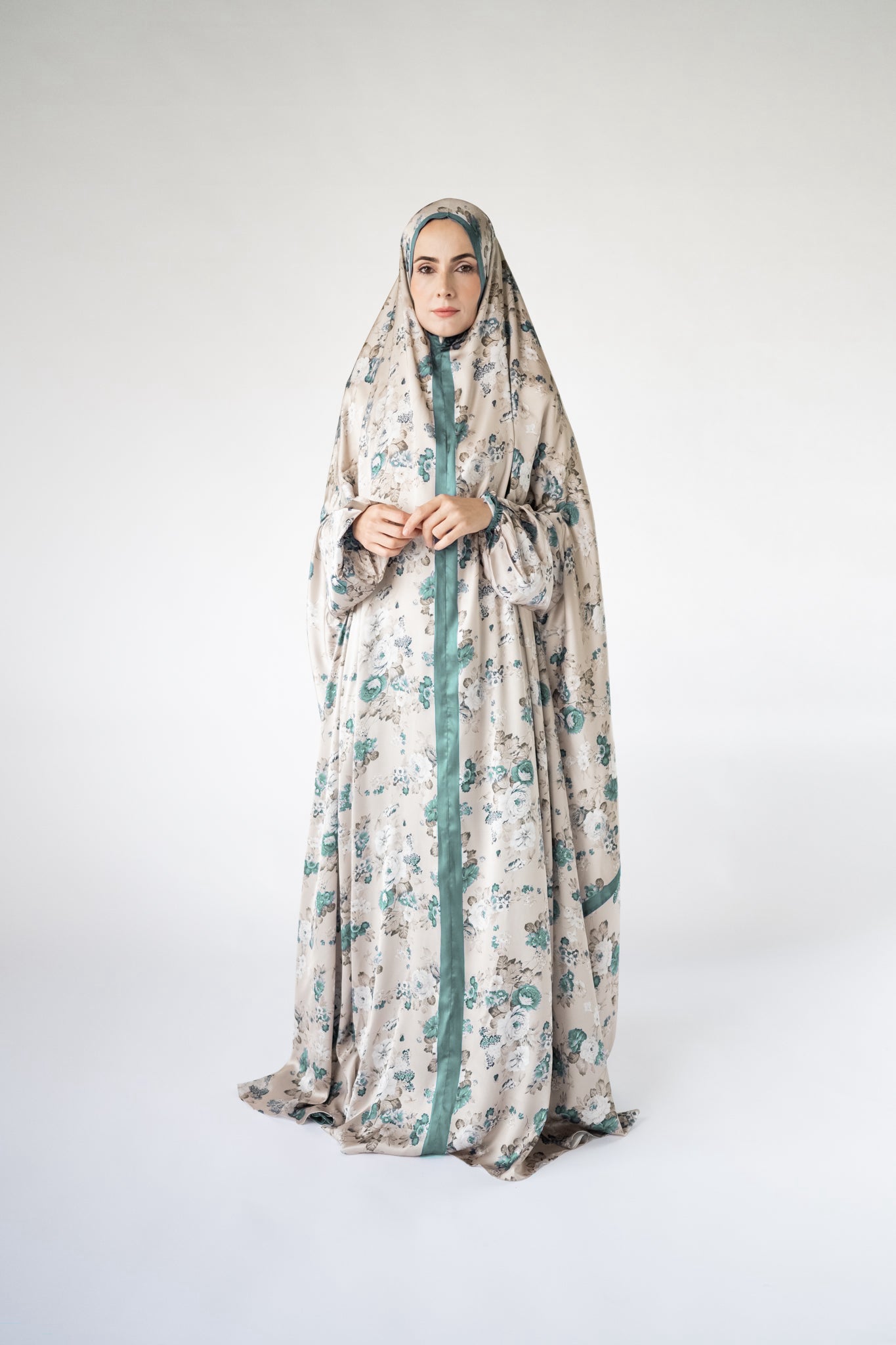 Mint green floral one-piece prayer dress (Essence print) | Serenity Scarves