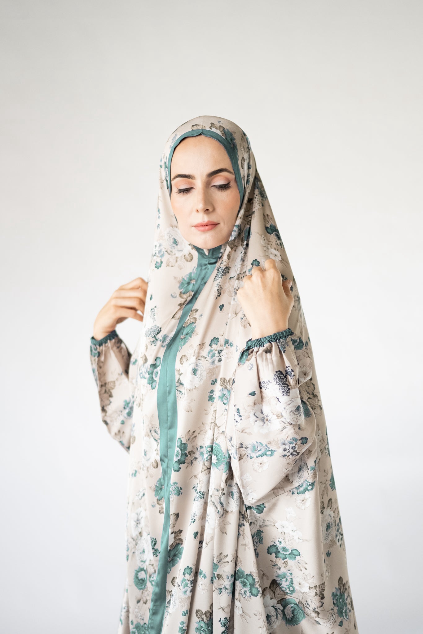 Mint green floral one-piece prayer dress (Essence print) | Serenity Scarves