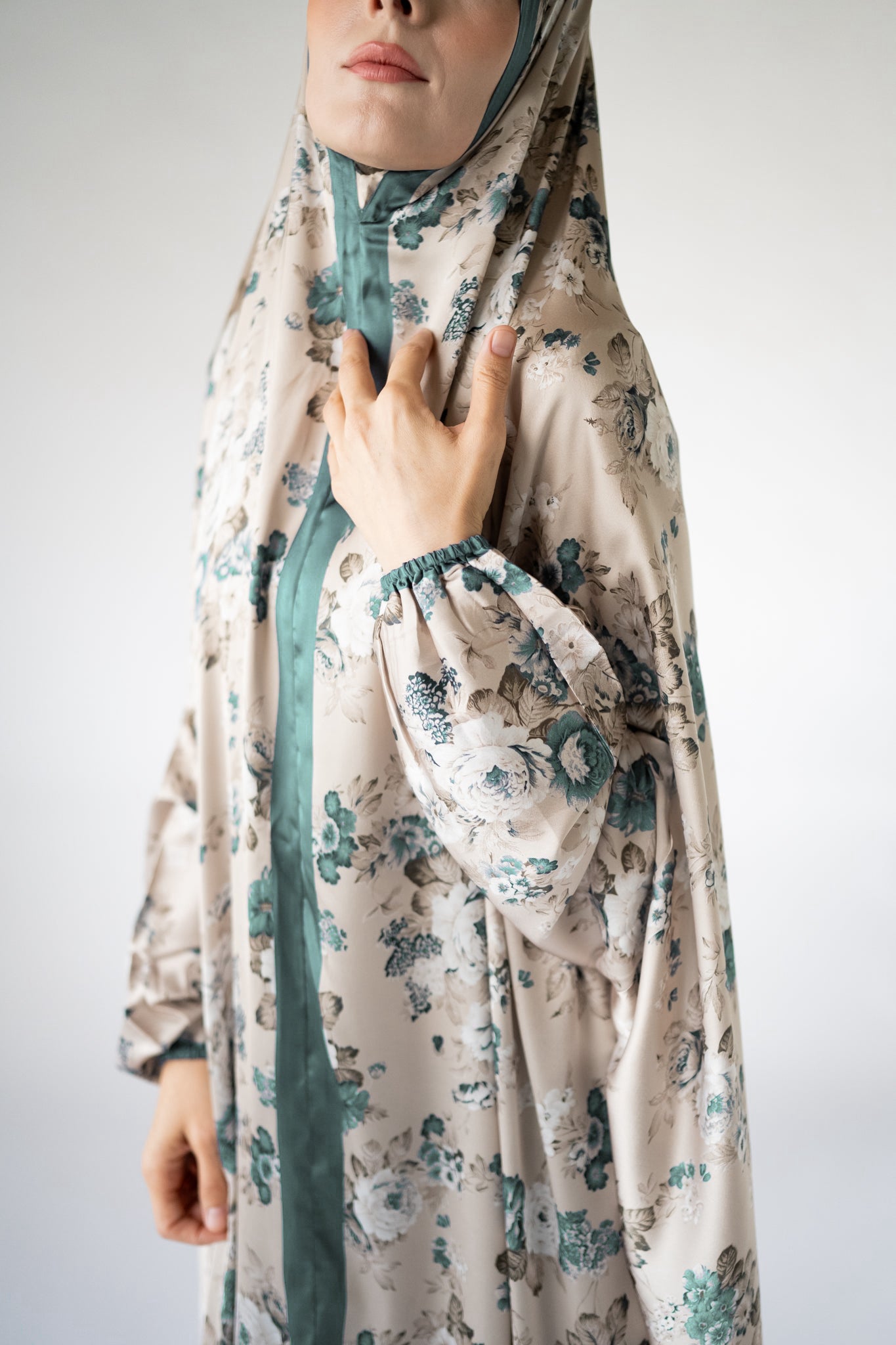 Mint green floral one-piece prayer dress (Essence print) | Serenity Scarves