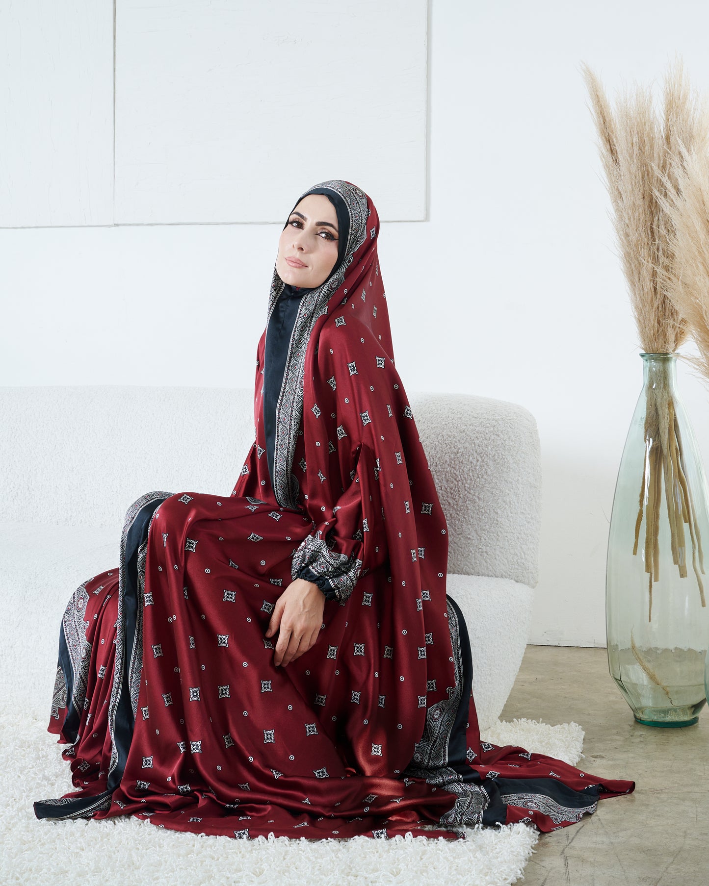 Burgundy one-piece prayer dress (Meditation print) | Serenity Scarves