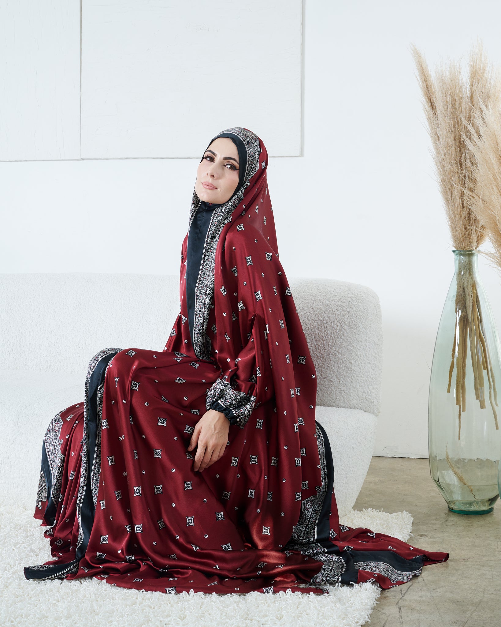 Burgundy one-piece prayer dress (Meditation print) | Serenity Scarves