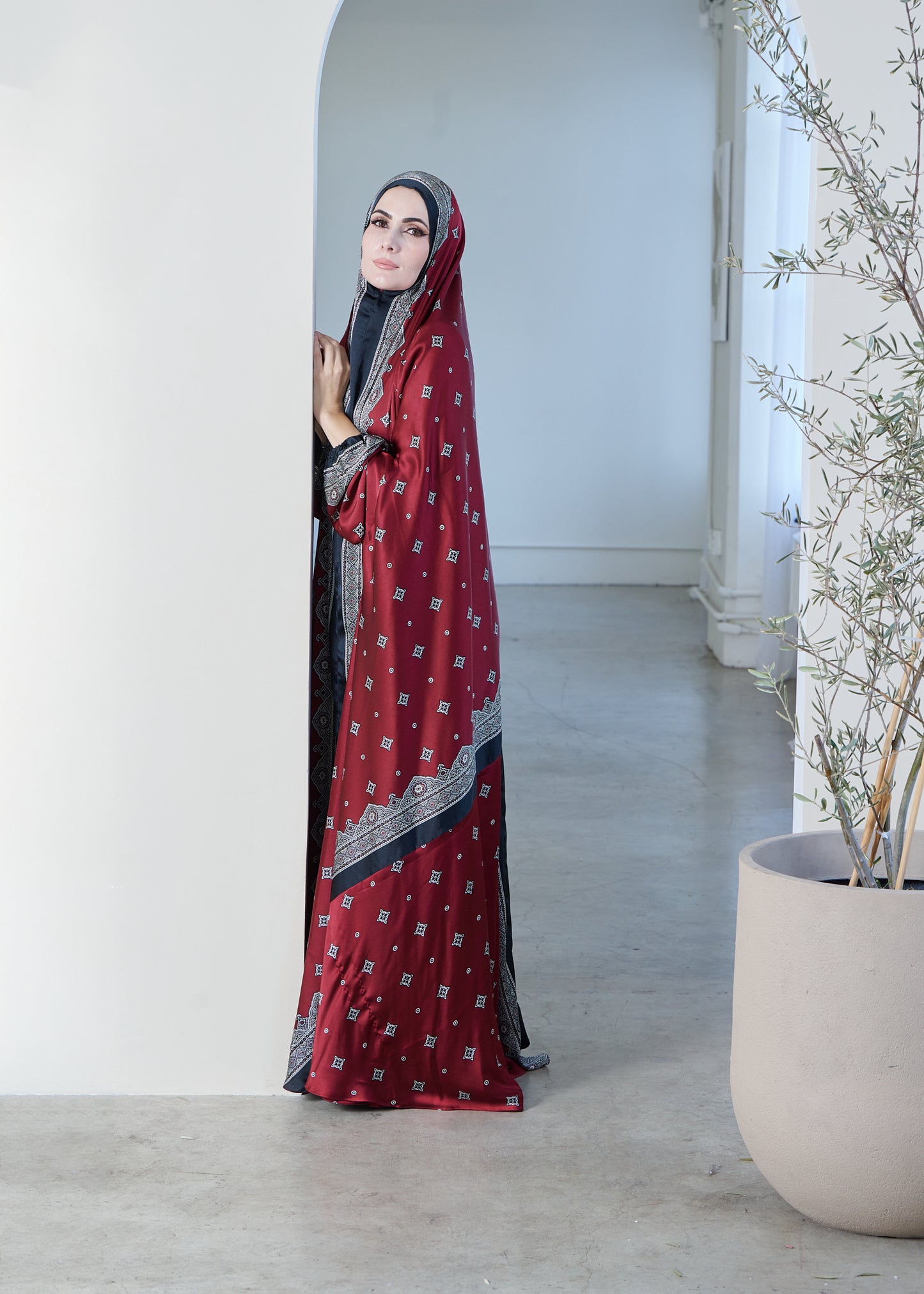 Burgundy one-piece prayer dress (Meditation print) | Serenity Scarves