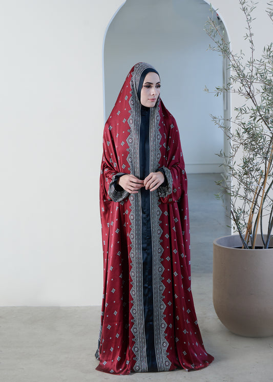Burgundy one-piece prayer dress (Meditation print) | Serenity Scarves