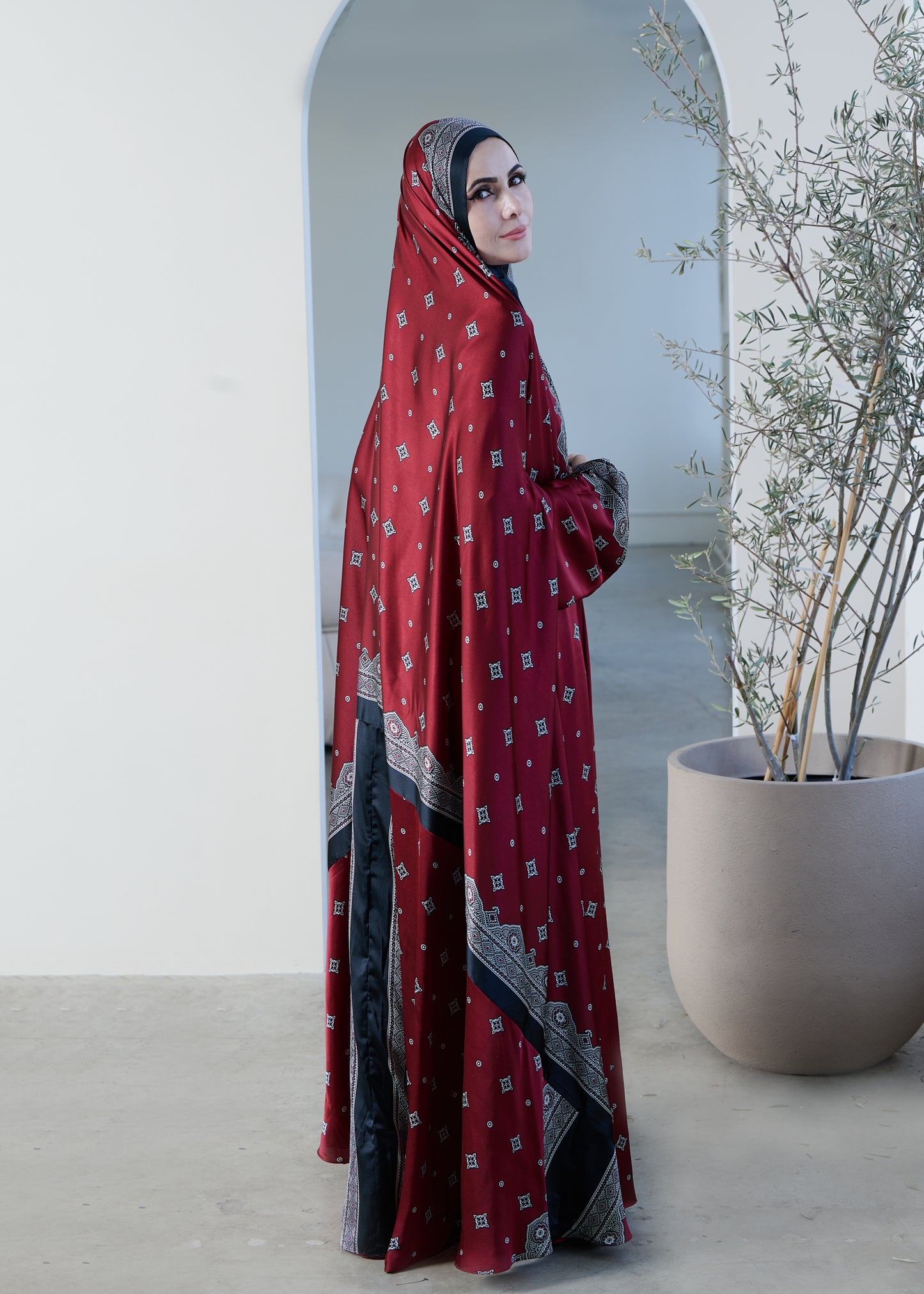 Burgundy one-piece prayer dress (Meditation print) | Serenity Scarves