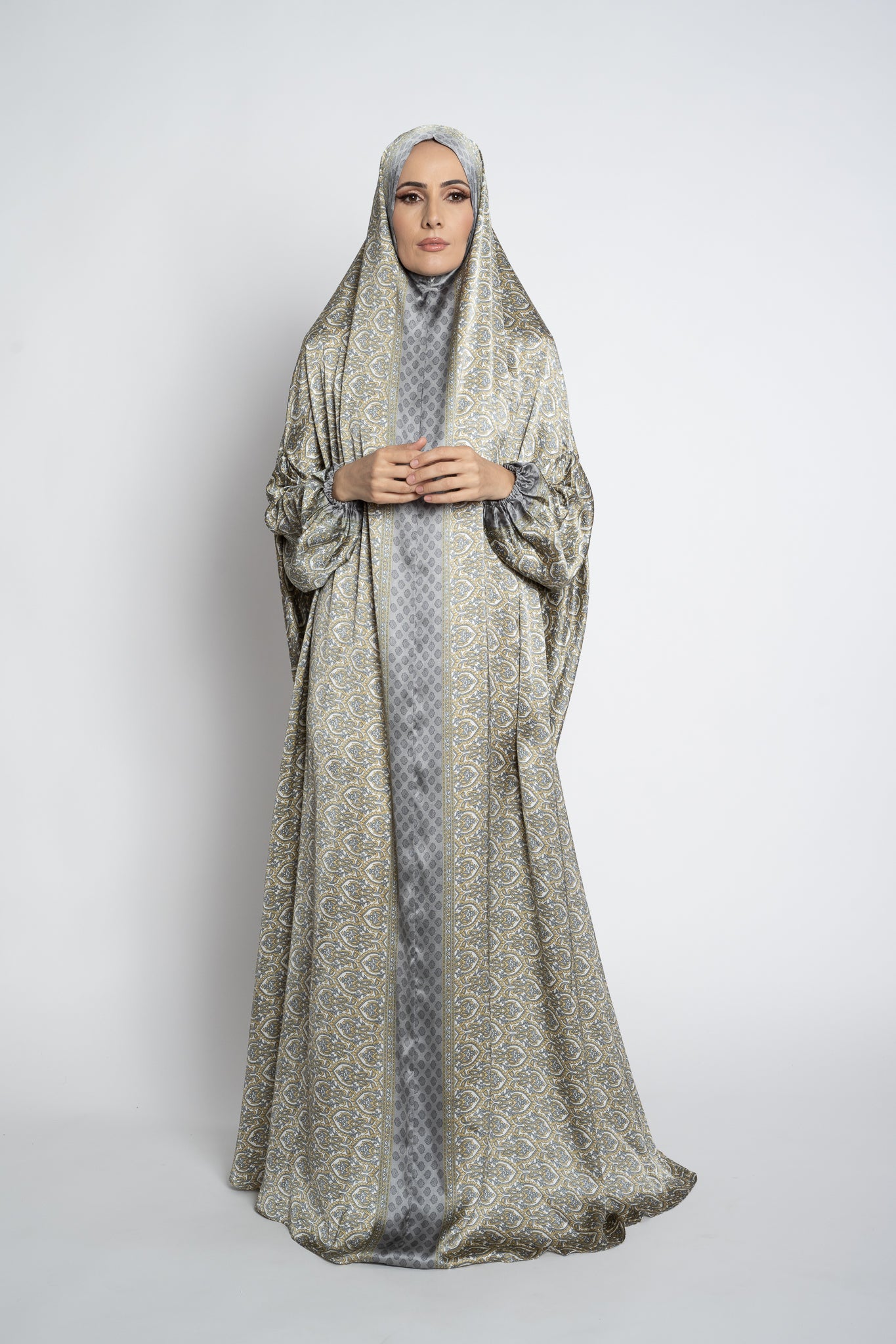 Gray one-piece prayer dress (Reflection print) | Serenity Scarves