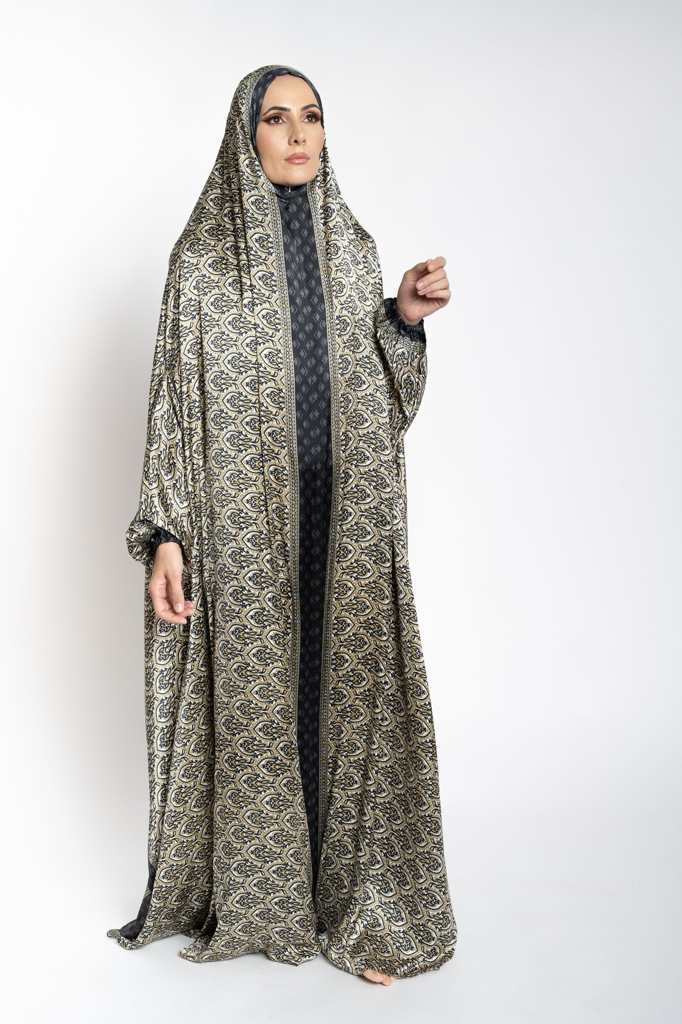 Black one-piece prayer dress (Reflection print) | Serenity Scarves