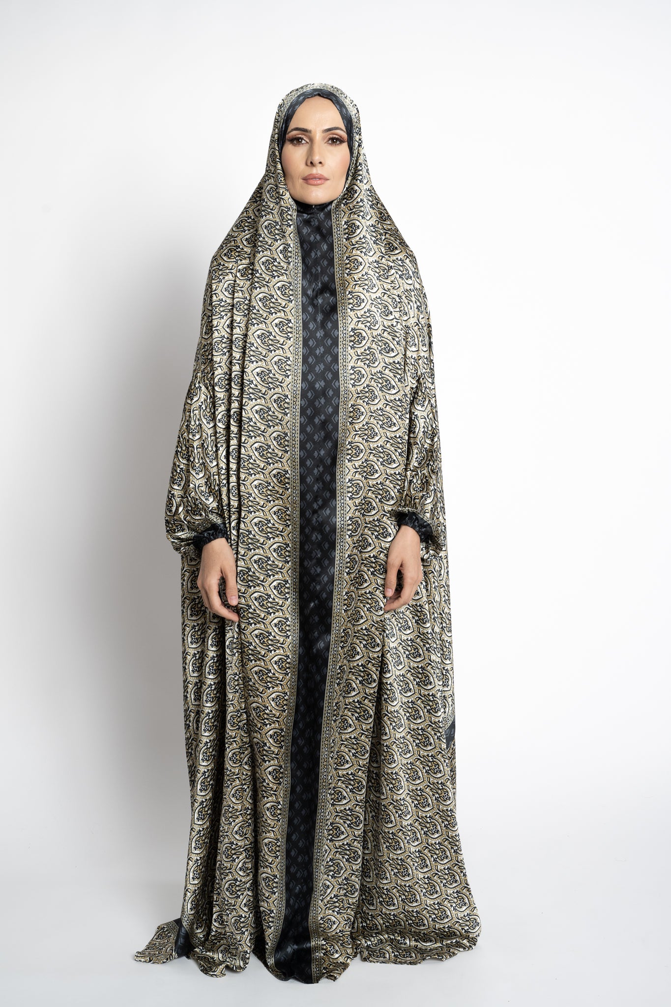 Black one-piece prayer dress (Reflection print) | Serenity Scarves