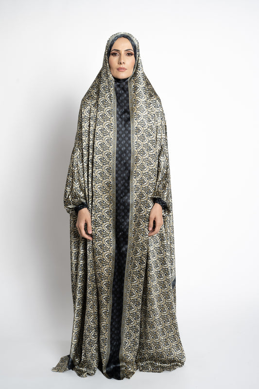 Black one-piece prayer dress (Reflection print) | Serenity Scarves